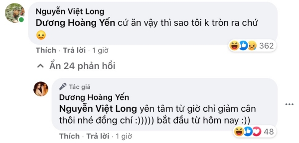 Mũi trưởng Long than thở vì càng lúc càng 'tròn' hơn. Dương Hoàng Yến đề nghị giảm cân ngay từ hôm nay.